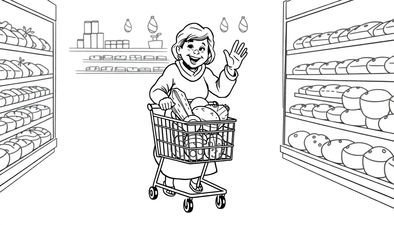 Oma zwaait in de supermarkt, een kleurplaat idee!