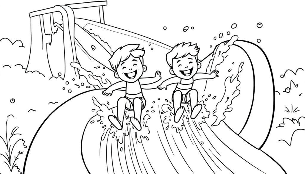 Kleurplaat van twee kinderen die samen van een waterglijbaan gaan.