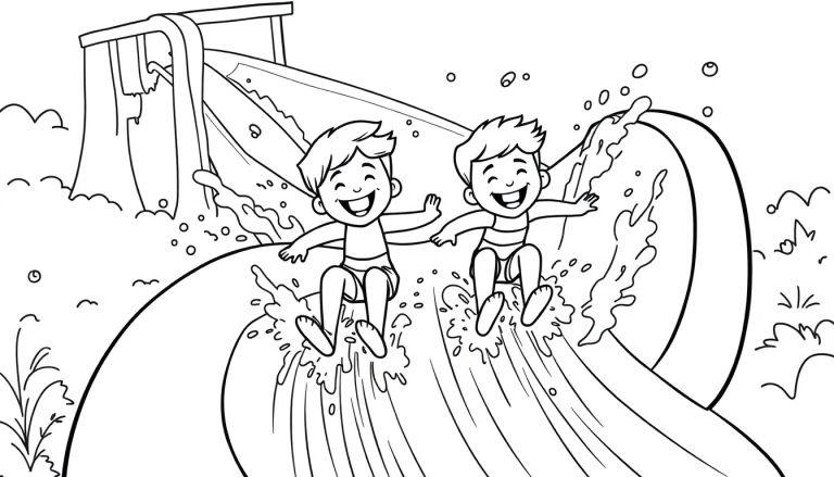 Kleurplaat van twee kinderen die samen van een waterglijbaan gaan.