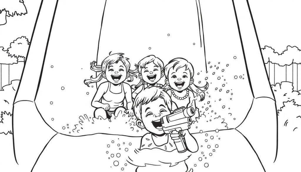 Kleurplaat van vrolijke kinderen op een waterglijbaan met waterpistool.