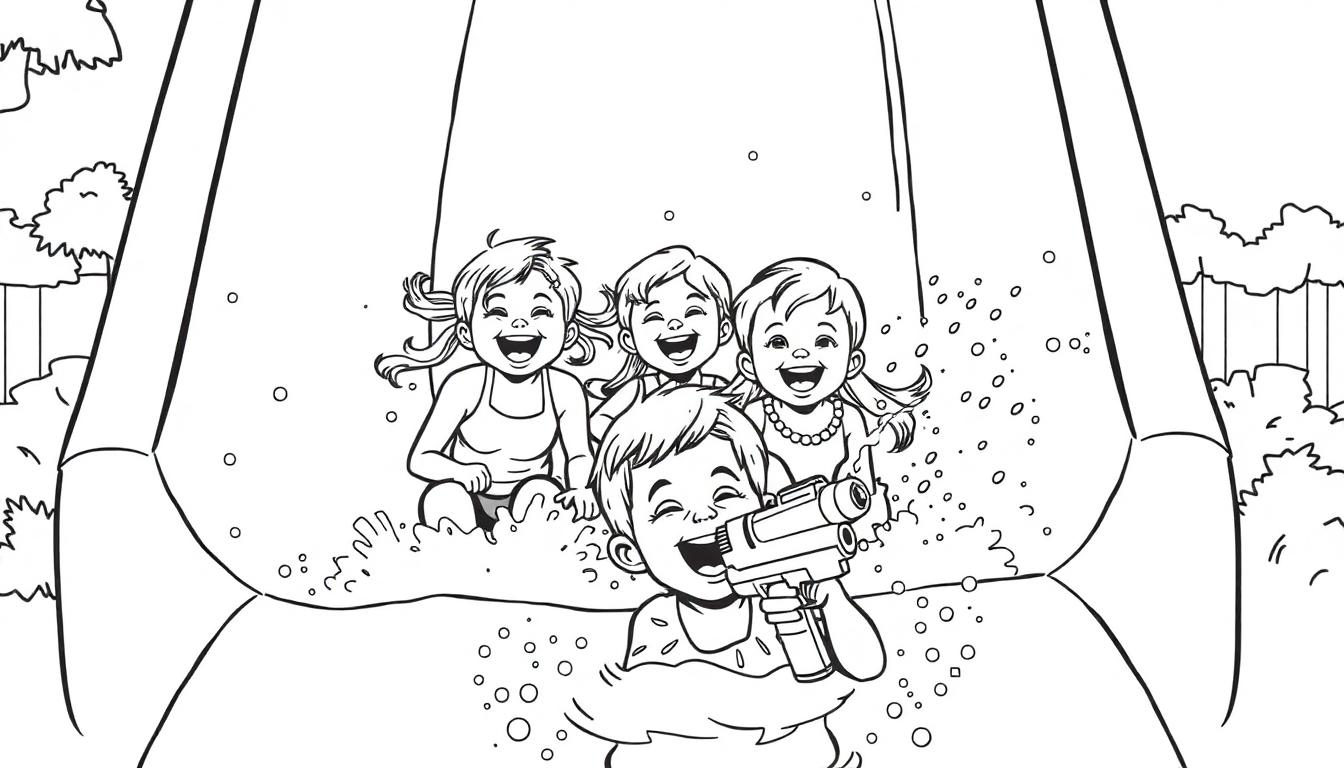 Kleurplaat van vrolijke kinderen op een waterglijbaan met waterpistool.