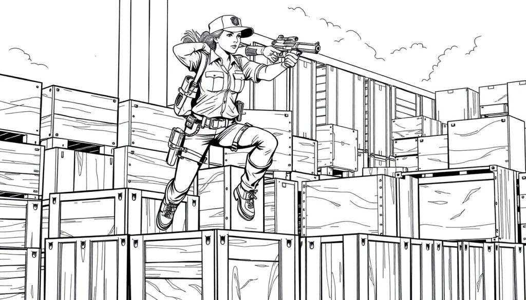 Stoere politie kleurplaat van een meisje dat over kisten springt met een pistool.