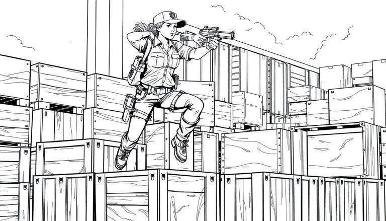 Stoere politie kleurplaat van een meisje dat over kisten springt met een pistool.