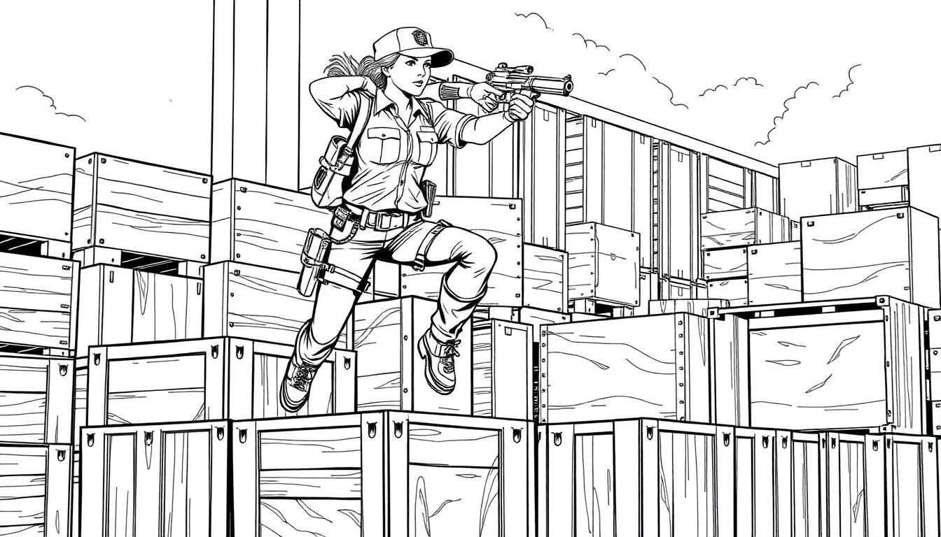 Stoere politie kleurplaat van een meisje dat over kisten springt met een pistool.