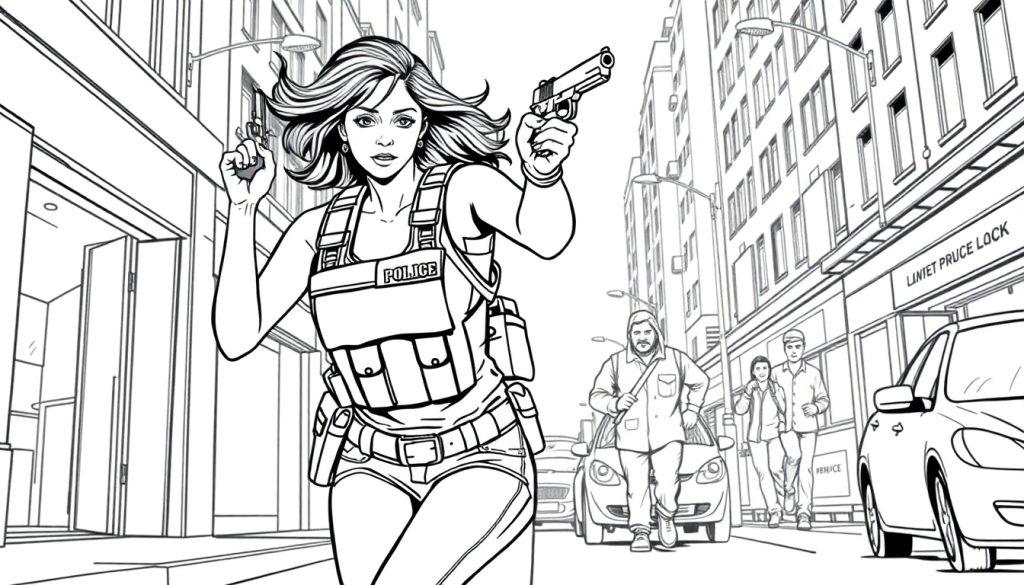 Stoere kleurplaat van een politie agente in actie.