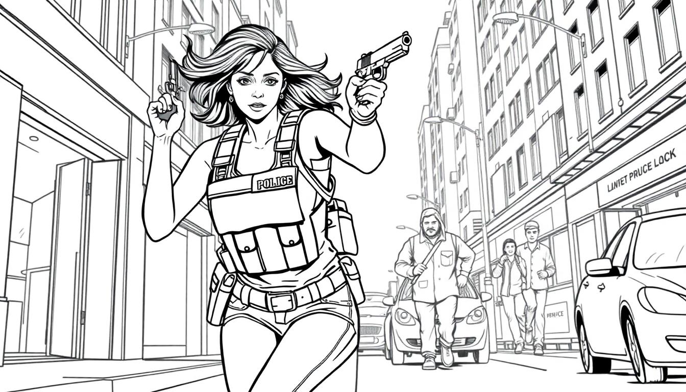 Stoere kleurplaat van een politie agente in actie.