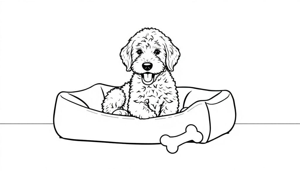 Kleurplaat van een schattige labradoodle puppy in zijn mandje.