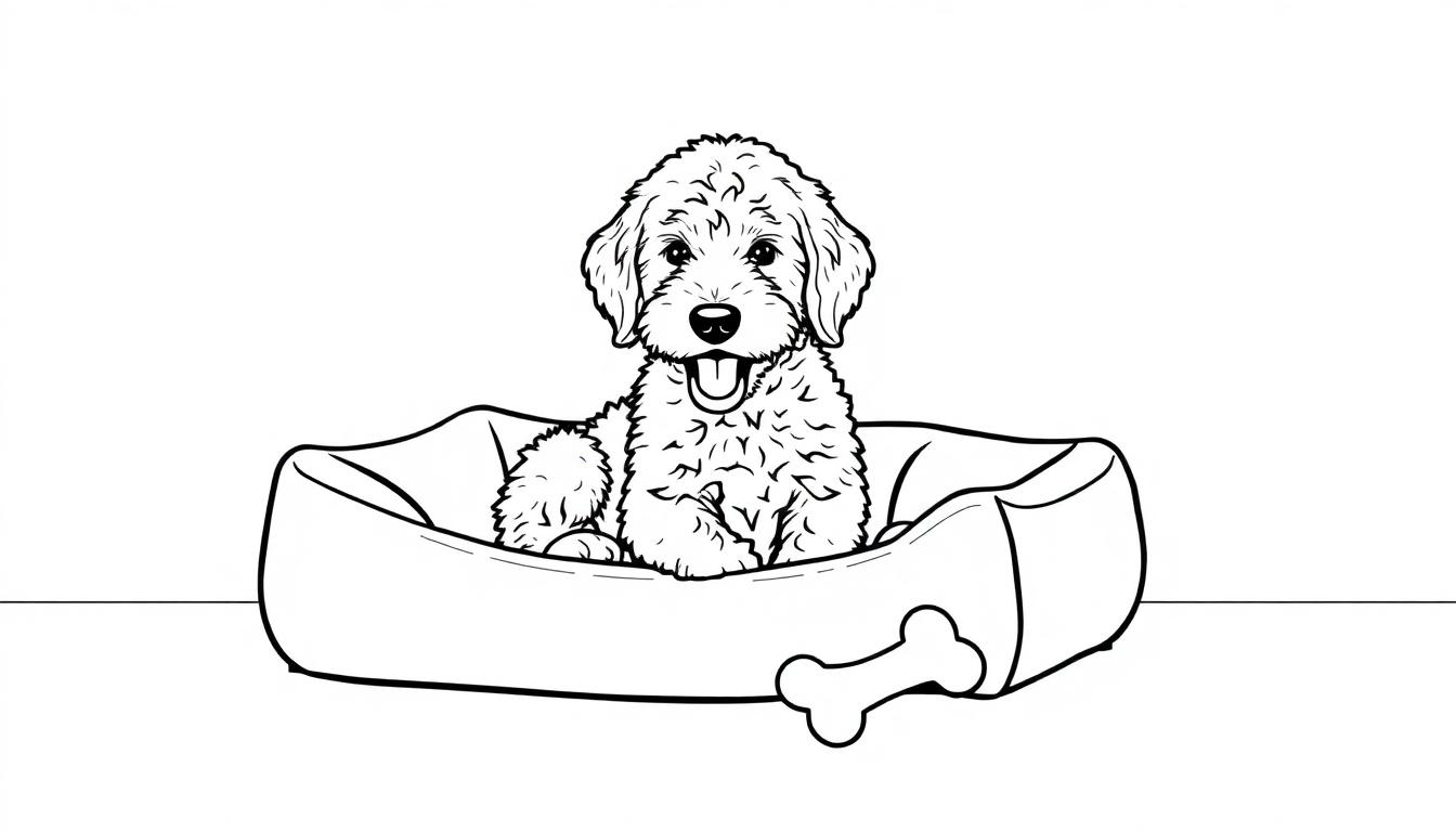 Kleurplaat van een schattige labradoodle puppy in zijn mandje.