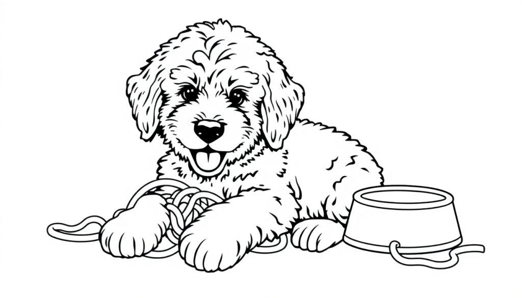 Schattige Labradoodle puppy kleurplaat met lachend gezicht en hondenbak.