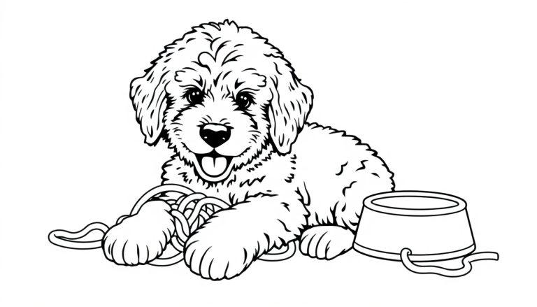 Schattige Labradoodle puppy kleurplaat met lachend gezicht en hondenbak.