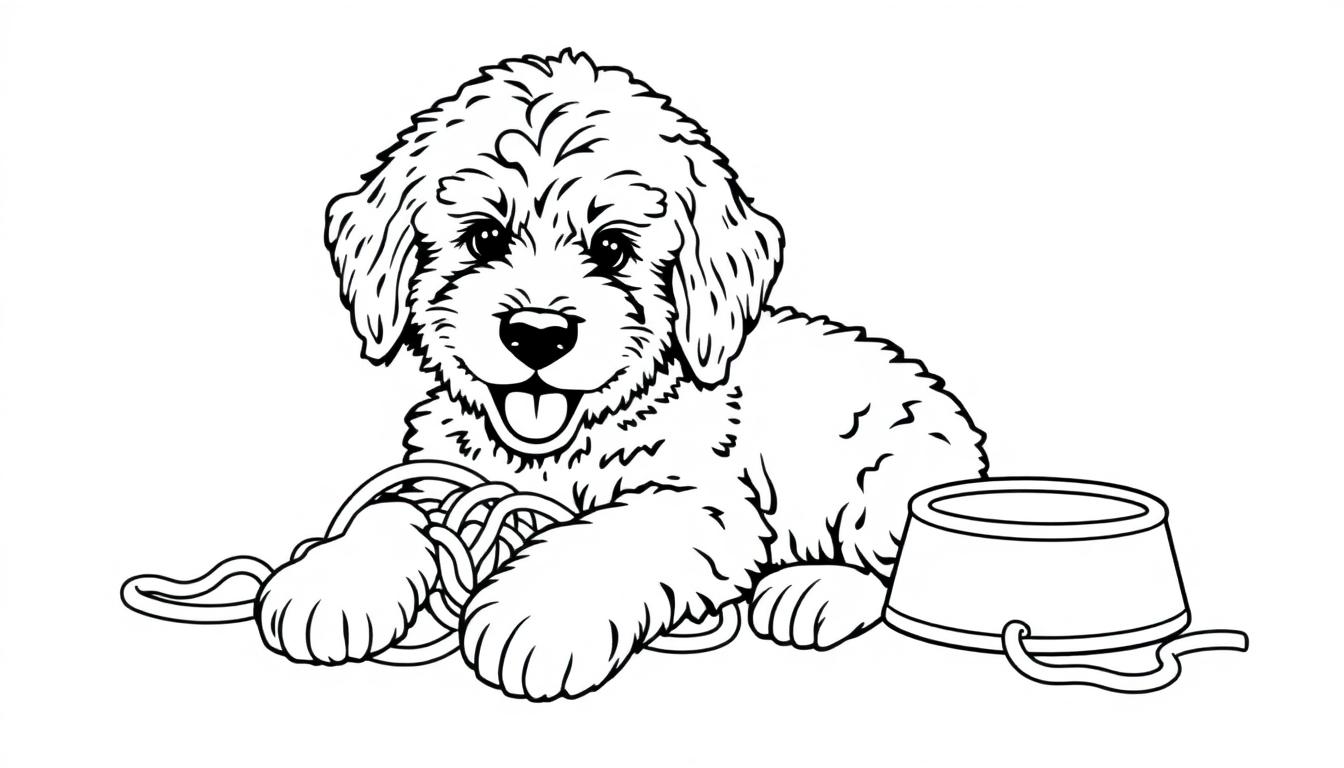 Schattige Labradoodle puppy kleurplaat met lachend gezicht en hondenbak.