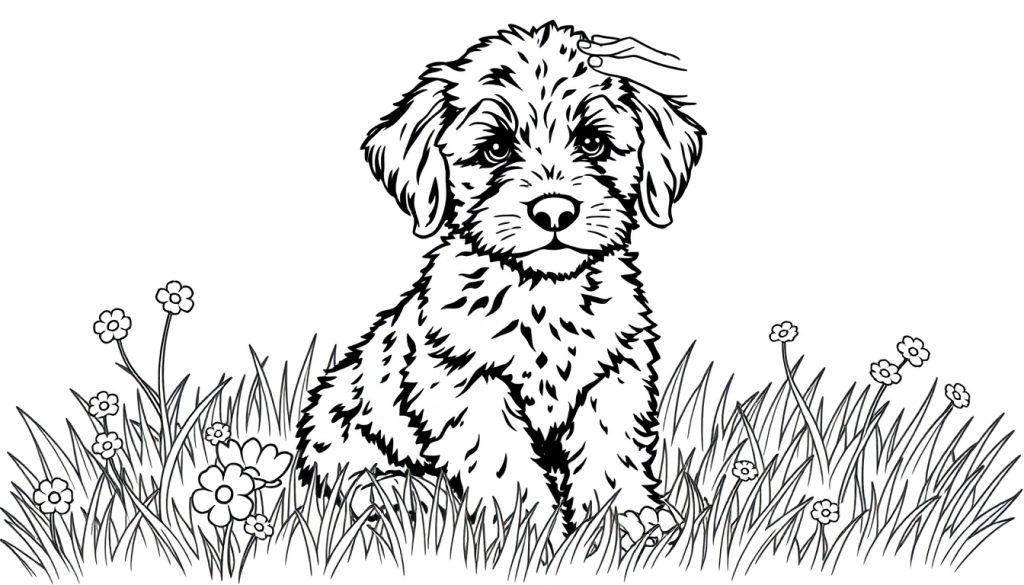 Labradoodle puppy kleurplaat wordt geaaid in het gras tussen de bloemen.