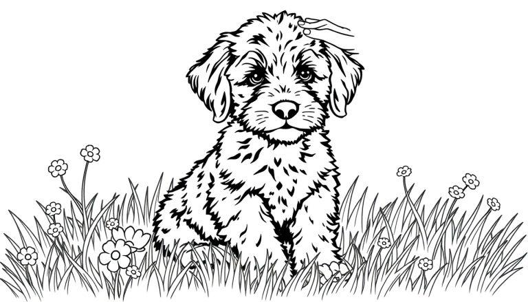 Labradoodle puppy kleurplaat wordt geaaid in het gras tussen de bloemen.