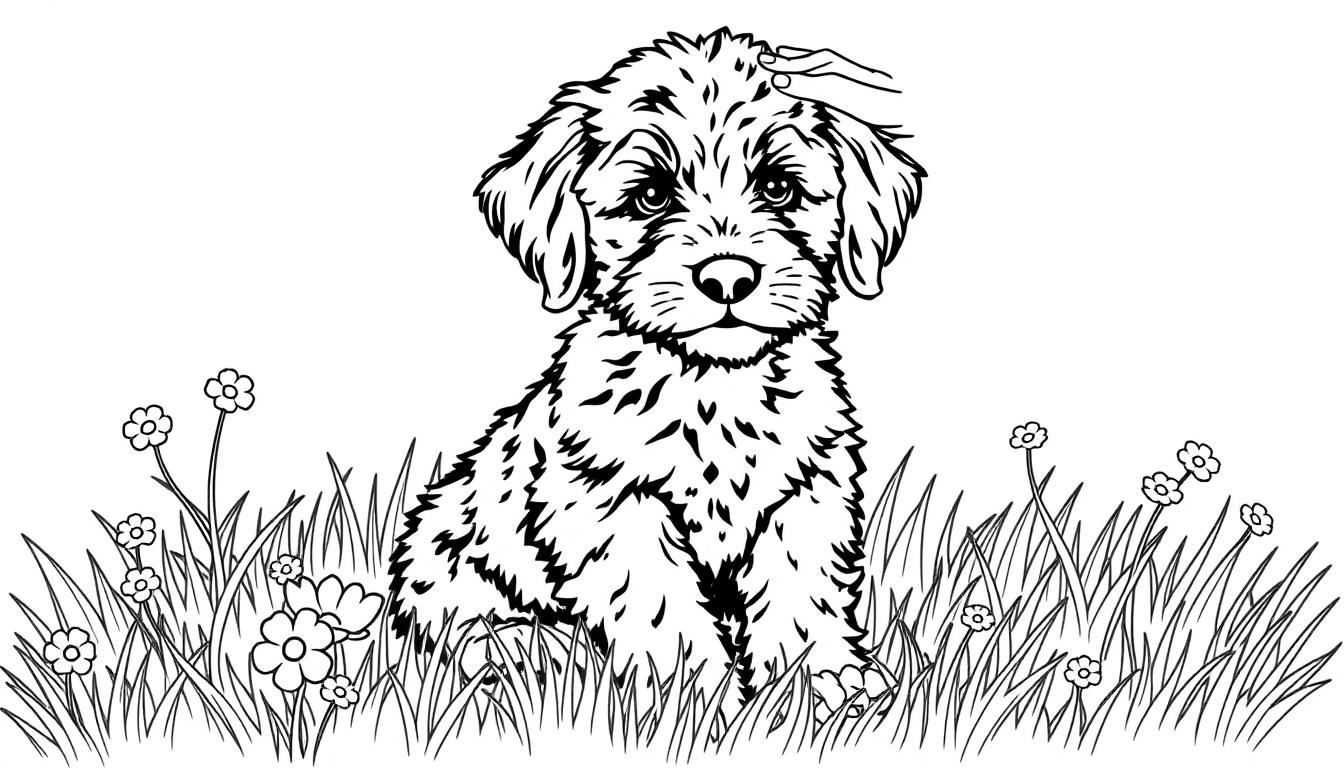 Labradoodle puppy kleurplaat wordt geaaid in het gras tussen de bloemen.