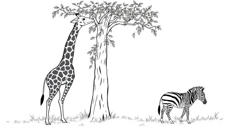 Kleurplaat van een giraffe, boom en zebra.