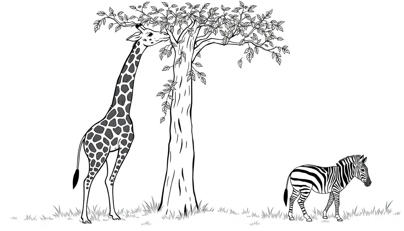 Kleurplaat van een giraffe, boom en zebra.