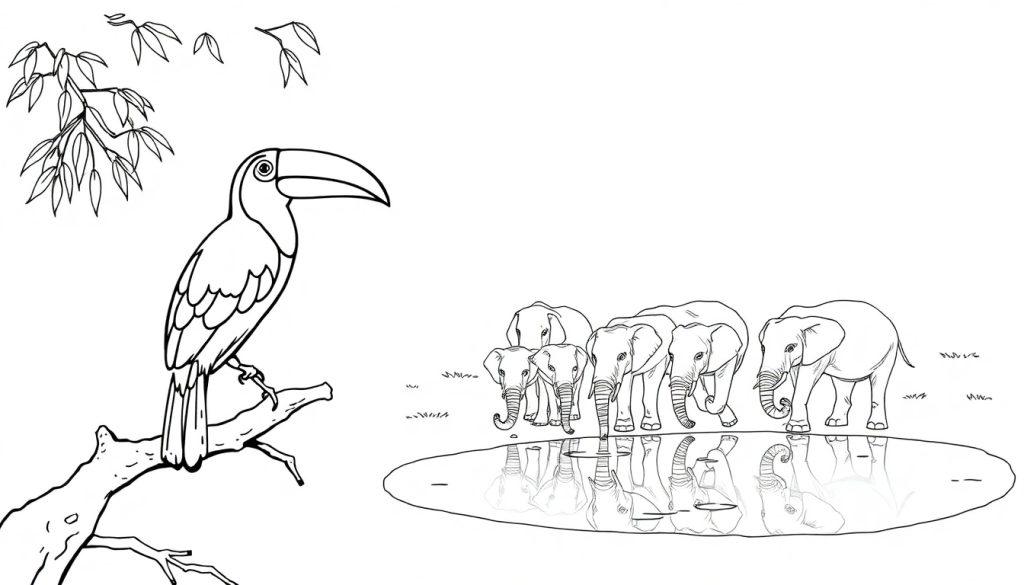 Jungle dieren kleurplaat met toekan en olifanten bij een waterpoel.