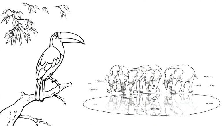 Jungle dieren kleurplaat met toekan en olifanten bij een waterpoel.