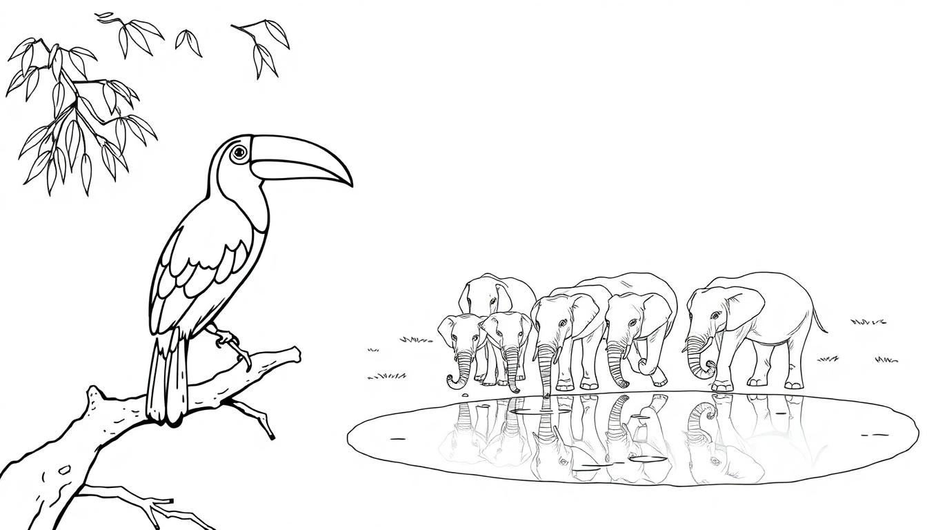Jungle dieren kleurplaat met toekan en olifanten bij een waterpoel.