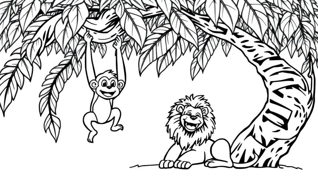 Aap en leeuw jungle kleurplaat