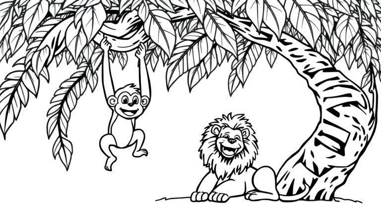 Aap en leeuw jungle kleurplaat
