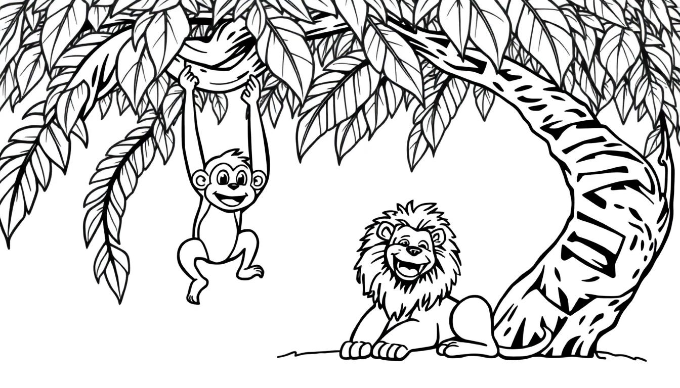 Aap en leeuw jungle kleurplaat
