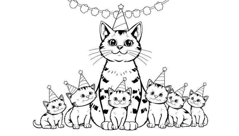 Feestelijke kleurplaat van een poes met zes kittens met verjaardagshoedjes en slingers.