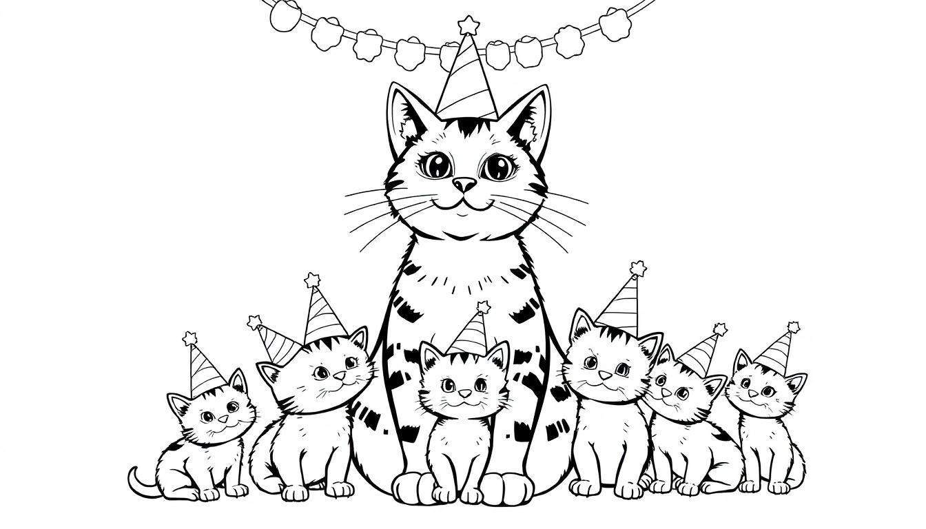 Feestelijke kleurplaat van een poes met zes kittens met verjaardagshoedjes en slingers.