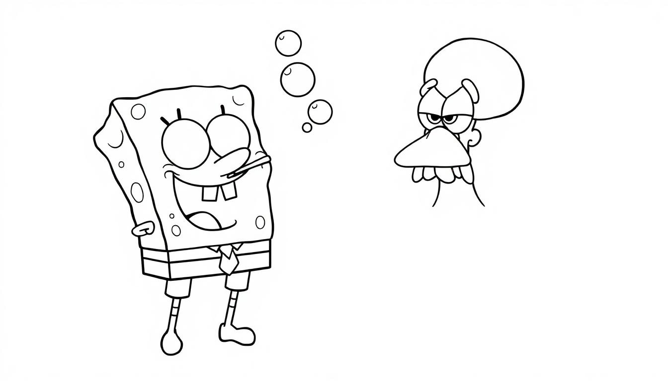 SpongeBob kleurplaat met een glimlachende SpongeBob en een boos kijkend figuur.