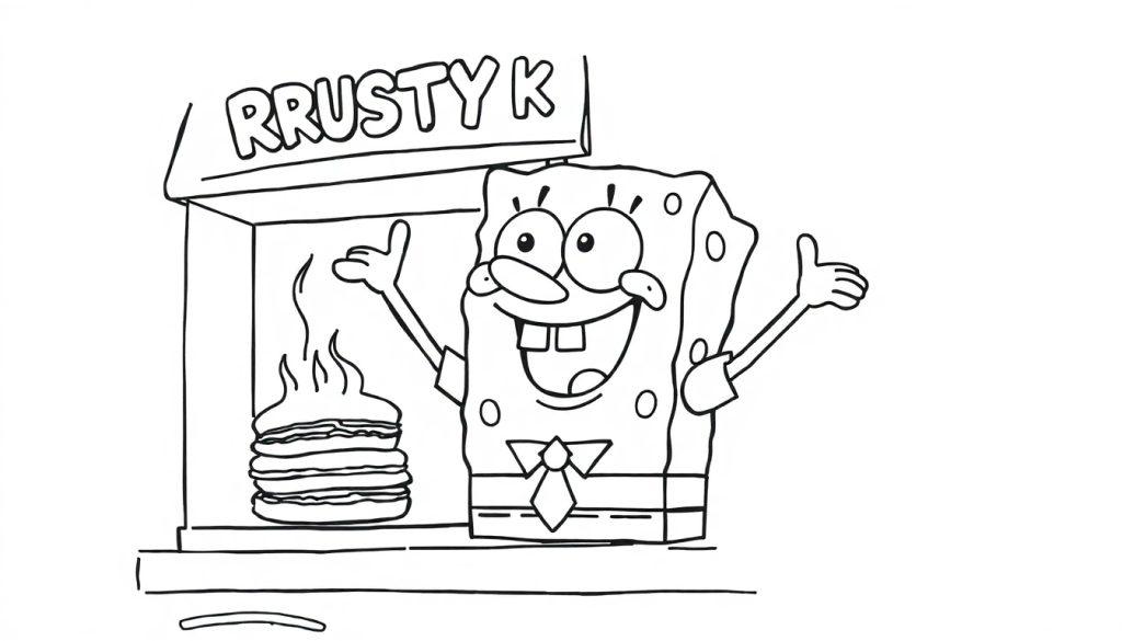 SpongeBob Kleurplaat bij de Krusty Krab met Krabby Patties