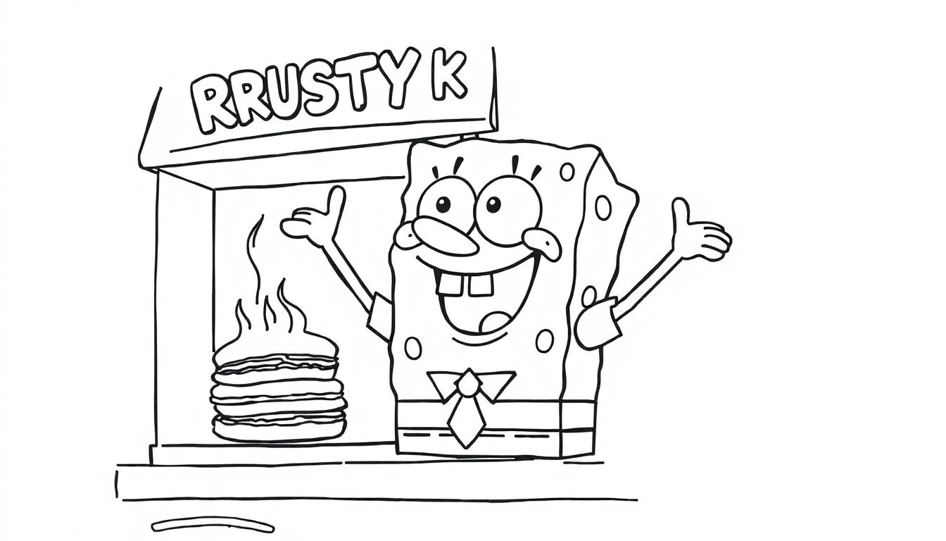 SpongeBob Kleurplaat bij de Krusty Krab met Krabby Patties