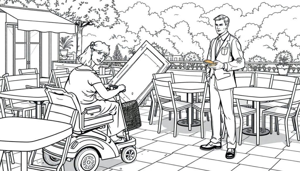 Kleurplaat: Vrouw met scootmobiel en man met eten op een terras.