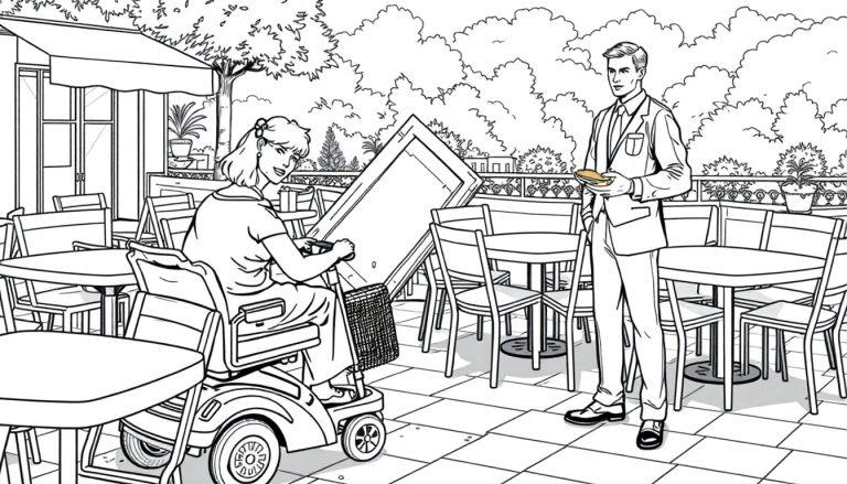 Kleurplaat: Vrouw met scootmobiel en man met eten op een terras.