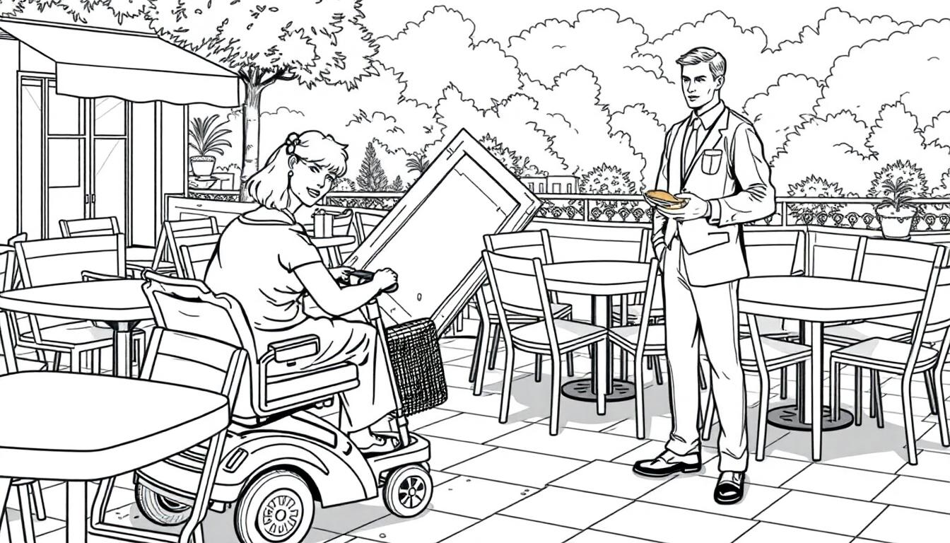 Kleurplaat: Vrouw met scootmobiel en man met eten op een terras.