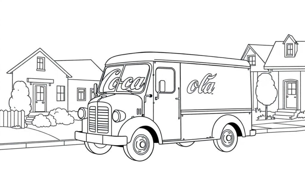 Coca-Cola vrachtwagen kleurplaat in een woonwijk.