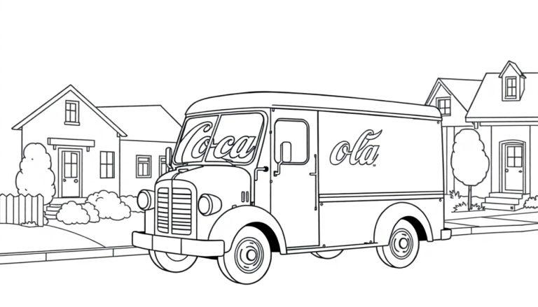 Coca-Cola vrachtwagen kleurplaat in een woonwijk.