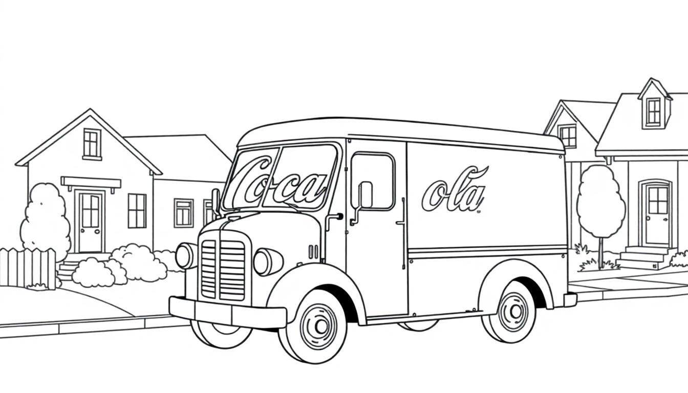 Coca-Cola vrachtwagen kleurplaat in een woonwijk.