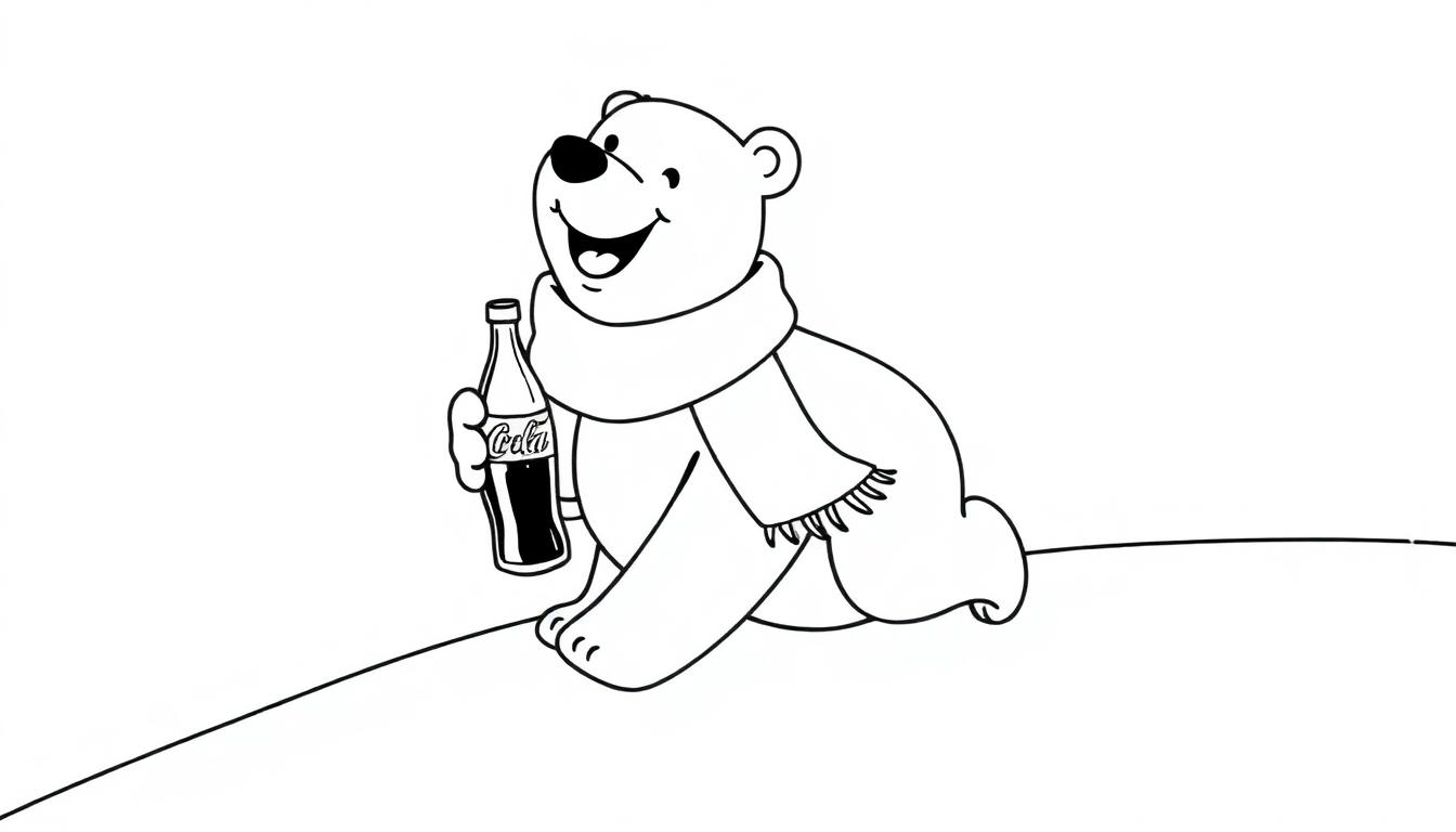 Kleurplaat van een lachende ijsbeer met Coca-Cola