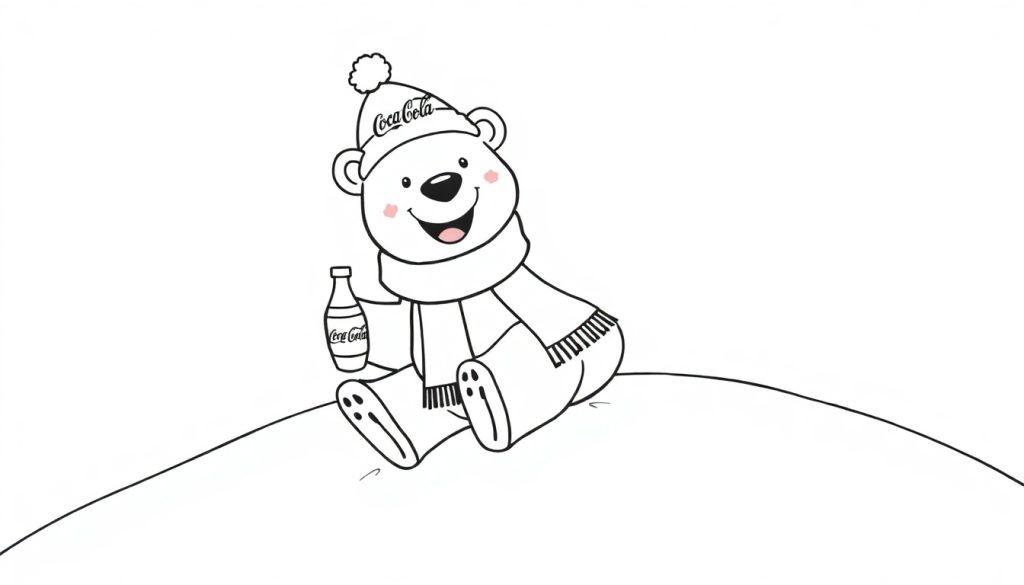 Lachende ijsbeer met Coca-Cola muts, een leuke kleurplaat!
