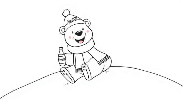 Lachende ijsbeer met Coca-Cola muts, een leuke kleurplaat!