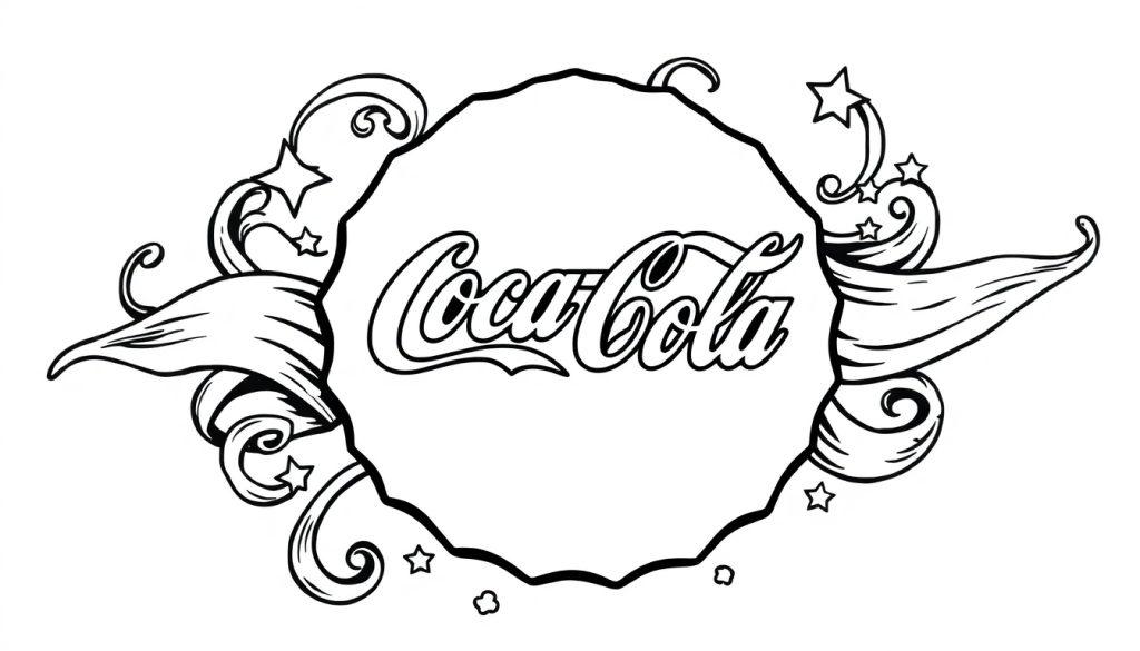 Coca-Cola kleurplaat logo met gekartelde cirkel, sterren en bladeren.