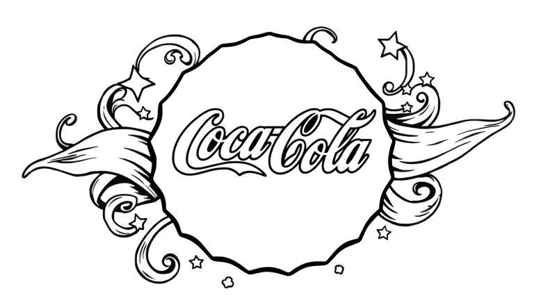 Coca-Cola kleurplaat logo met gekartelde cirkel, sterren en bladeren.