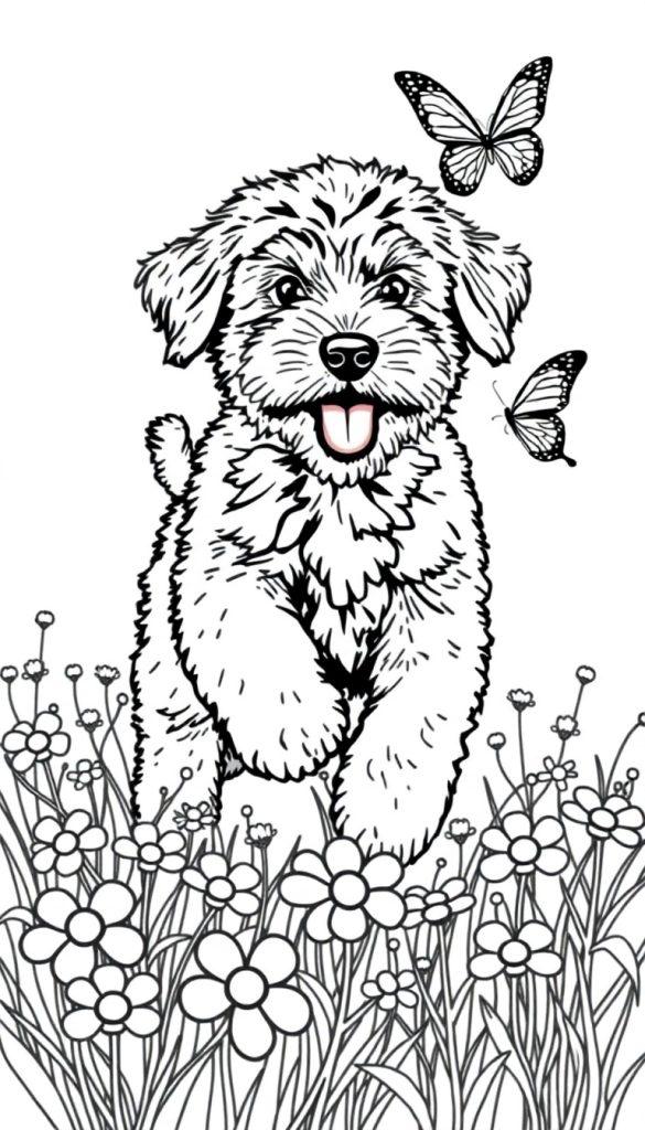 Labradoodle puppy kleurplaat rent door een bloemenveld met vlinders.