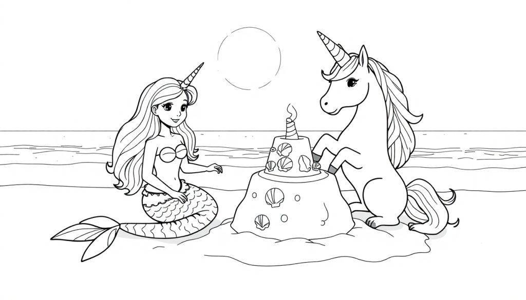 Zeemeermin en Eenhoorn Kleurplaat op het Strand
