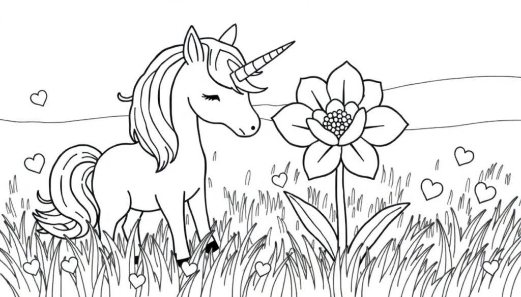 Kleurplaat van een eenhoorn met bloemen en hartjes.