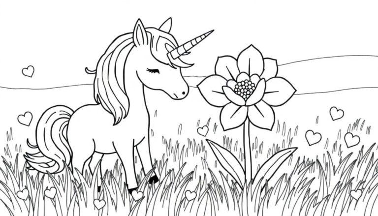 Kleurplaat van een eenhoorn met bloemen en hartjes.