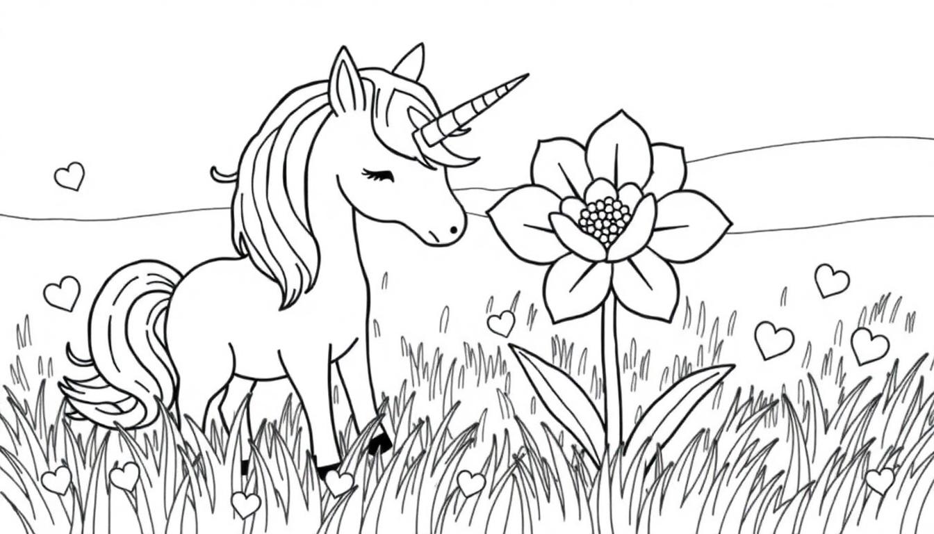 Kleurplaat van een eenhoorn met bloemen en hartjes.