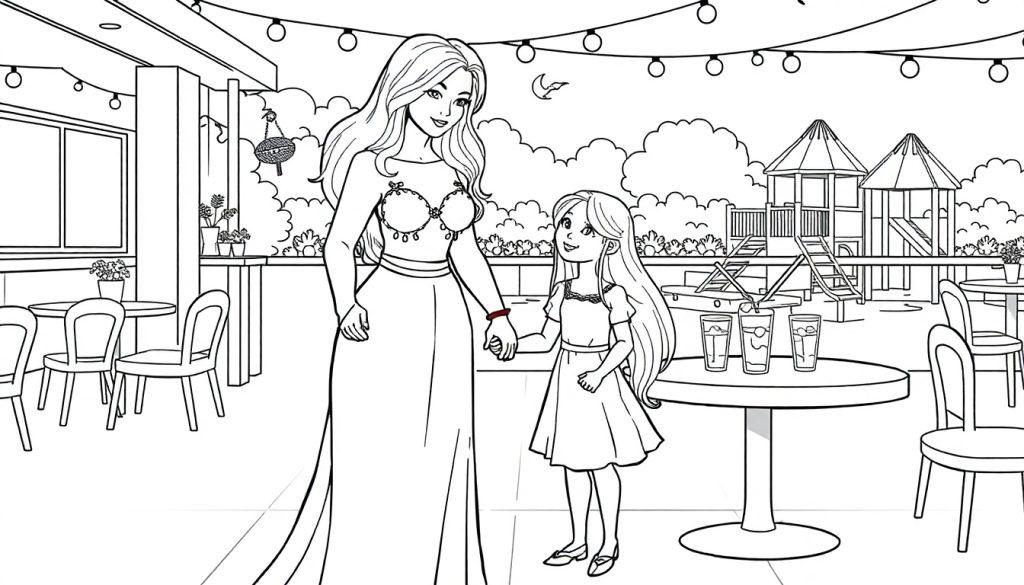 Kleurplaat van een meisje met haar meter in een restaurant met speeltuin.