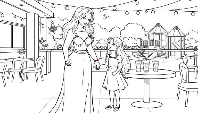 Kleurplaat van een meisje met haar meter in een restaurant met speeltuin.