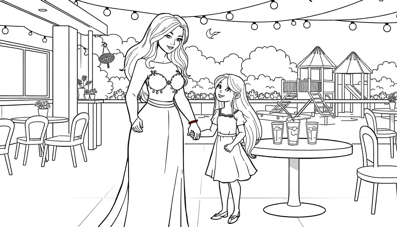 Kleurplaat van een meisje met haar meter in een restaurant met speeltuin.